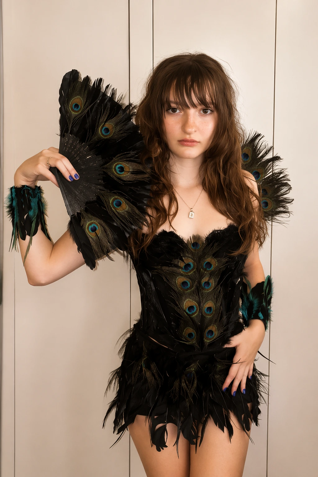 Young woman in black peacock costume with feathered fan wings, blue nail polish, and corset detailing indoors.