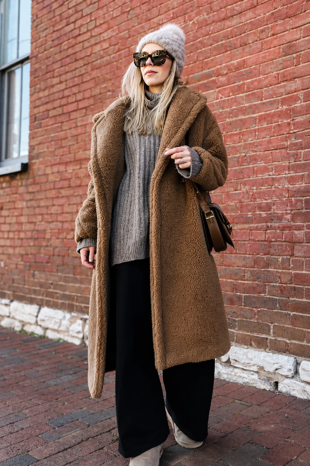 Brown sherpa coat with chunky knit sweater and black wide-leg trousers