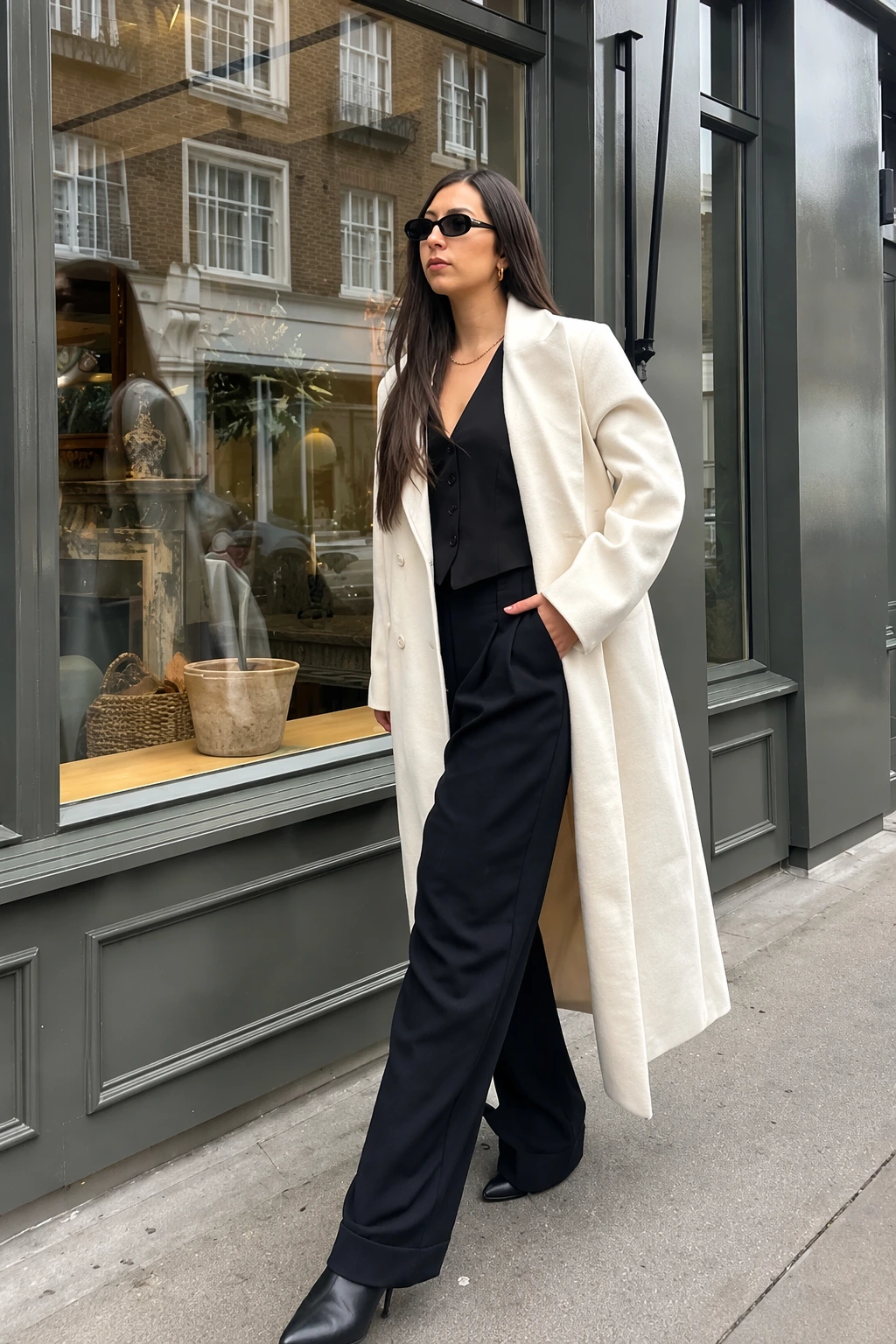 A stylish woman wears a cream overcoat, black fitted top, and wide-leg black trousers, perfect for professional occasions.