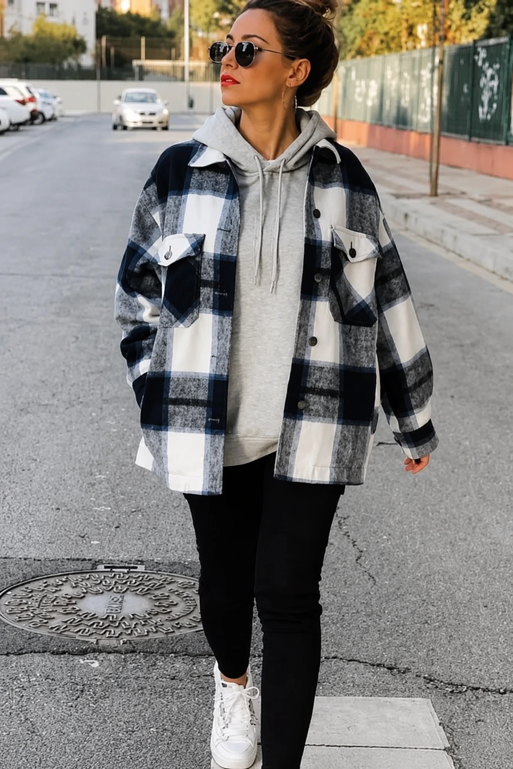 Plaid oversized coat with gray hoodie and black skinny jeans