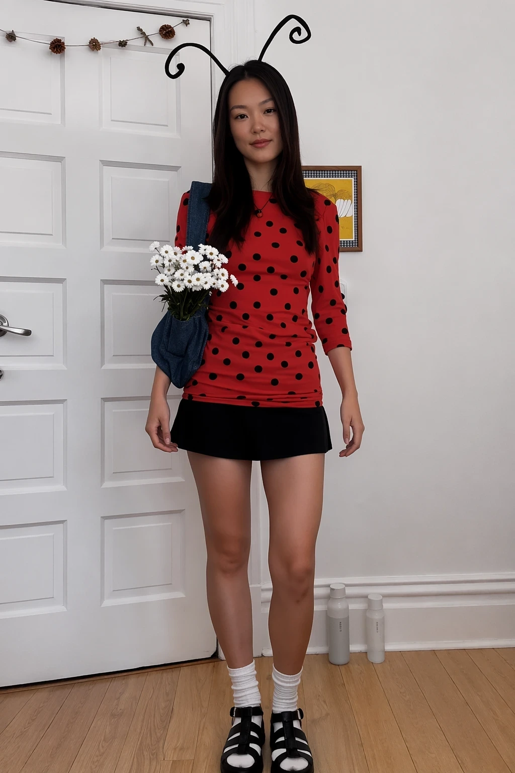 Woman wearing a red spotted ladybug dress, black mini skirt, antennae headband, socks, sandals, and flower tote.