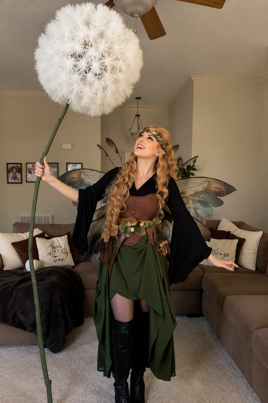 Woman indoors wearing forest fairy outfit with dark wings, long skirt, boots, and holding oversized dandelion prop.