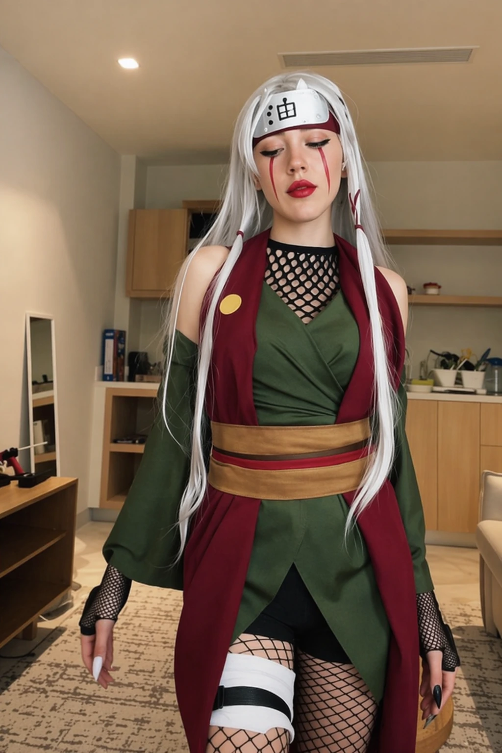 Green and burgundy anime costume with fishnet layers, white headband, thigh bandage, and long silver wig.