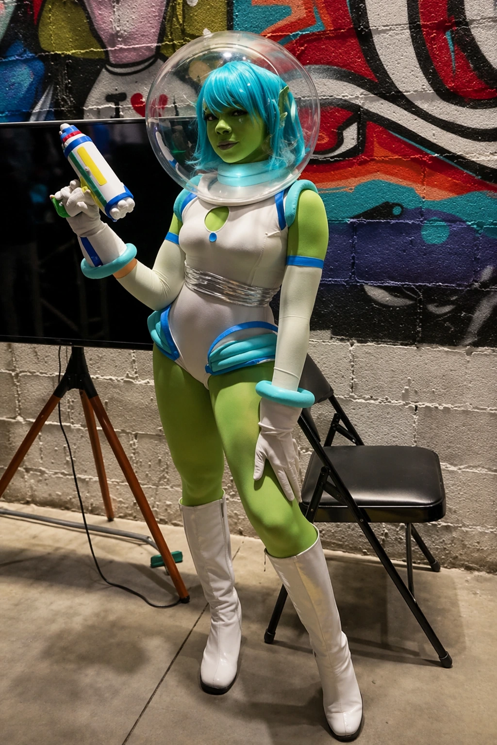 Green-skinned alien costume with turquoise wig, clear bubble helmet, white boots, and retro sci-fi ray gun prop.