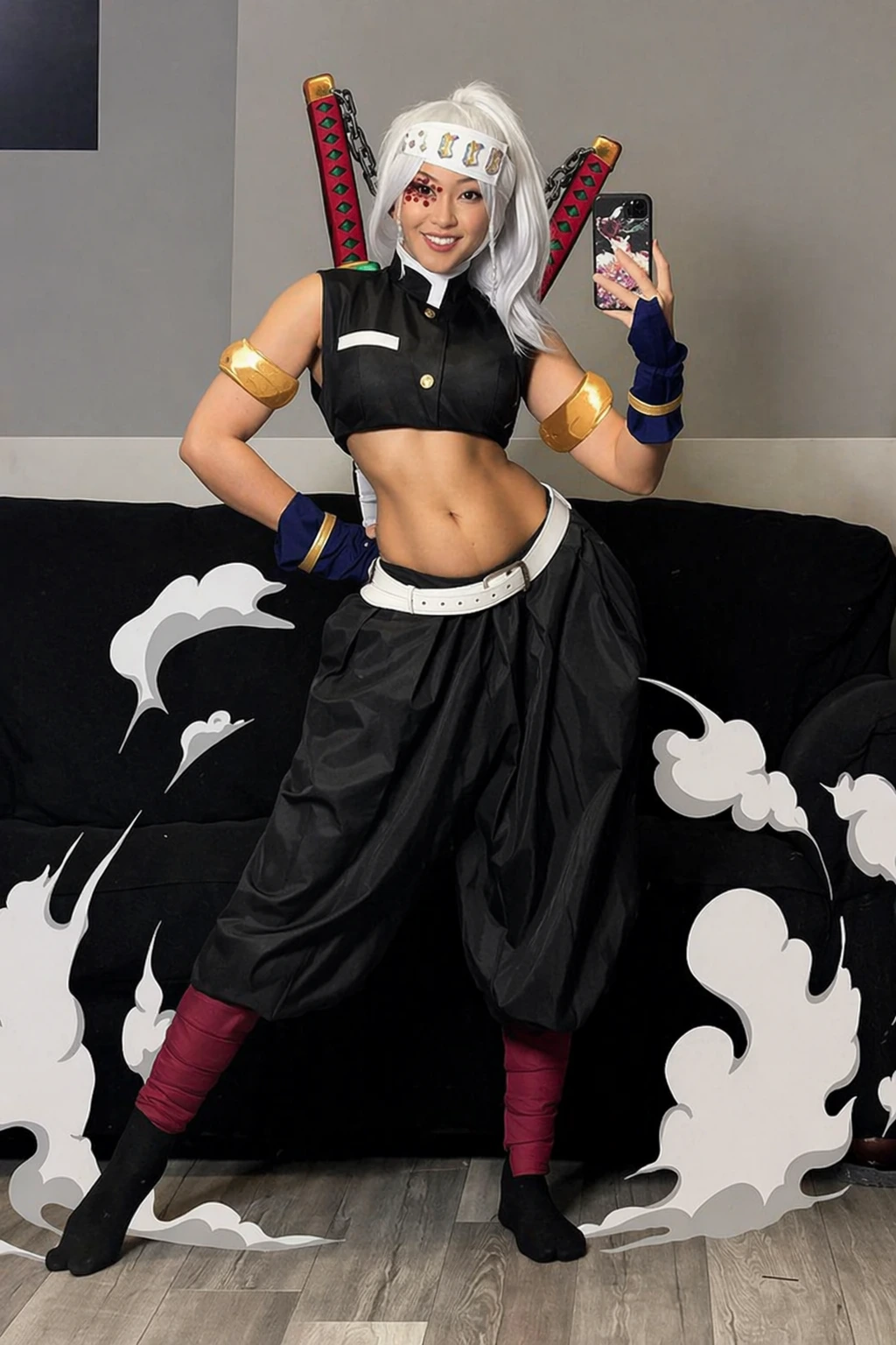 White-haired cosplayer in black cropped outfit, gold armbands, blue gloves, and twin swords strapped behind her.