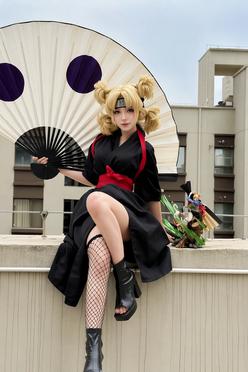 Black kimono-style cosplay with red sash, fishnet tights, blonde twin buns, and oversized folding fan.