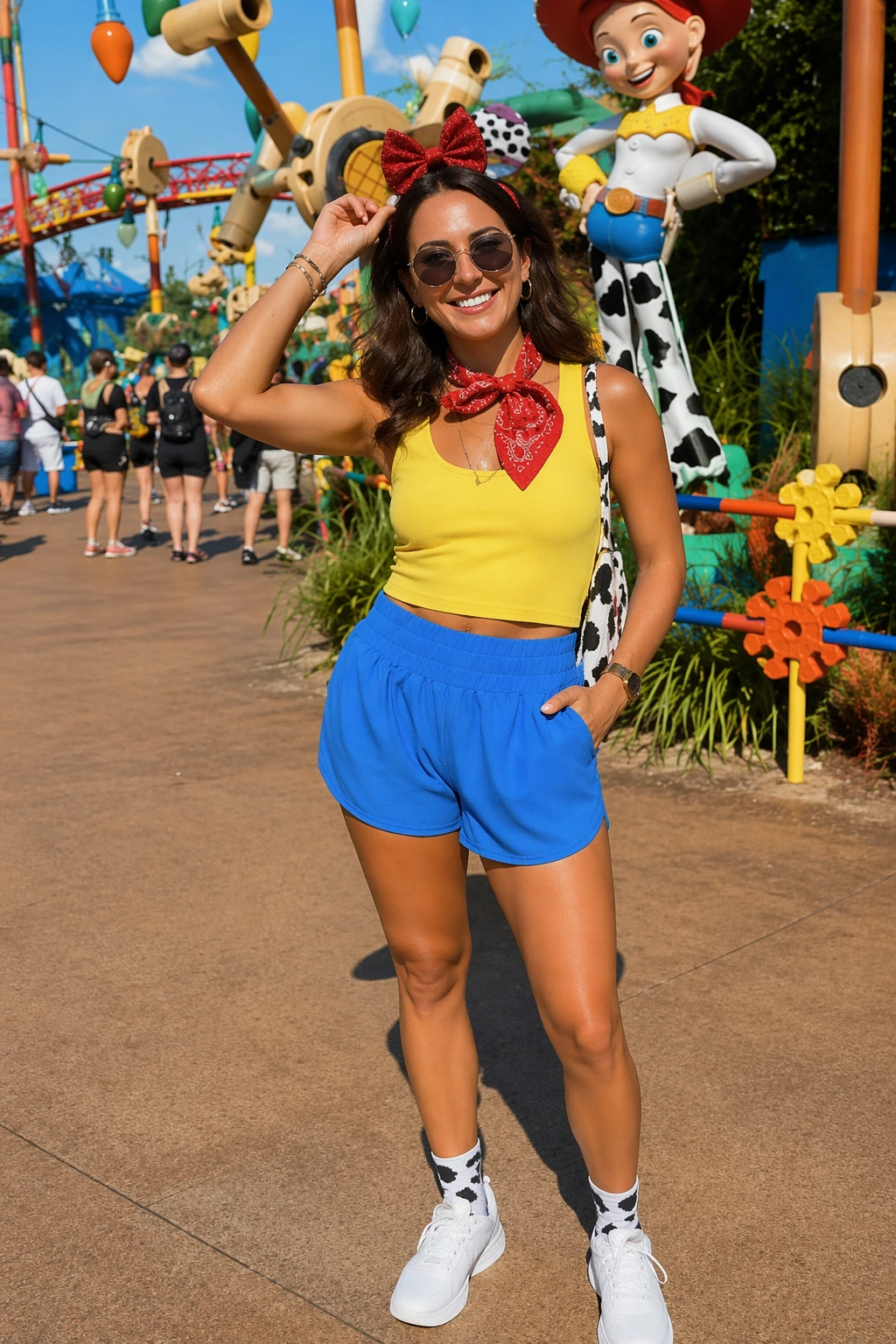 Smiling woman in a yellow crop top, blue shorts, cow-print socks, and red bow headband at Toy Story Land.