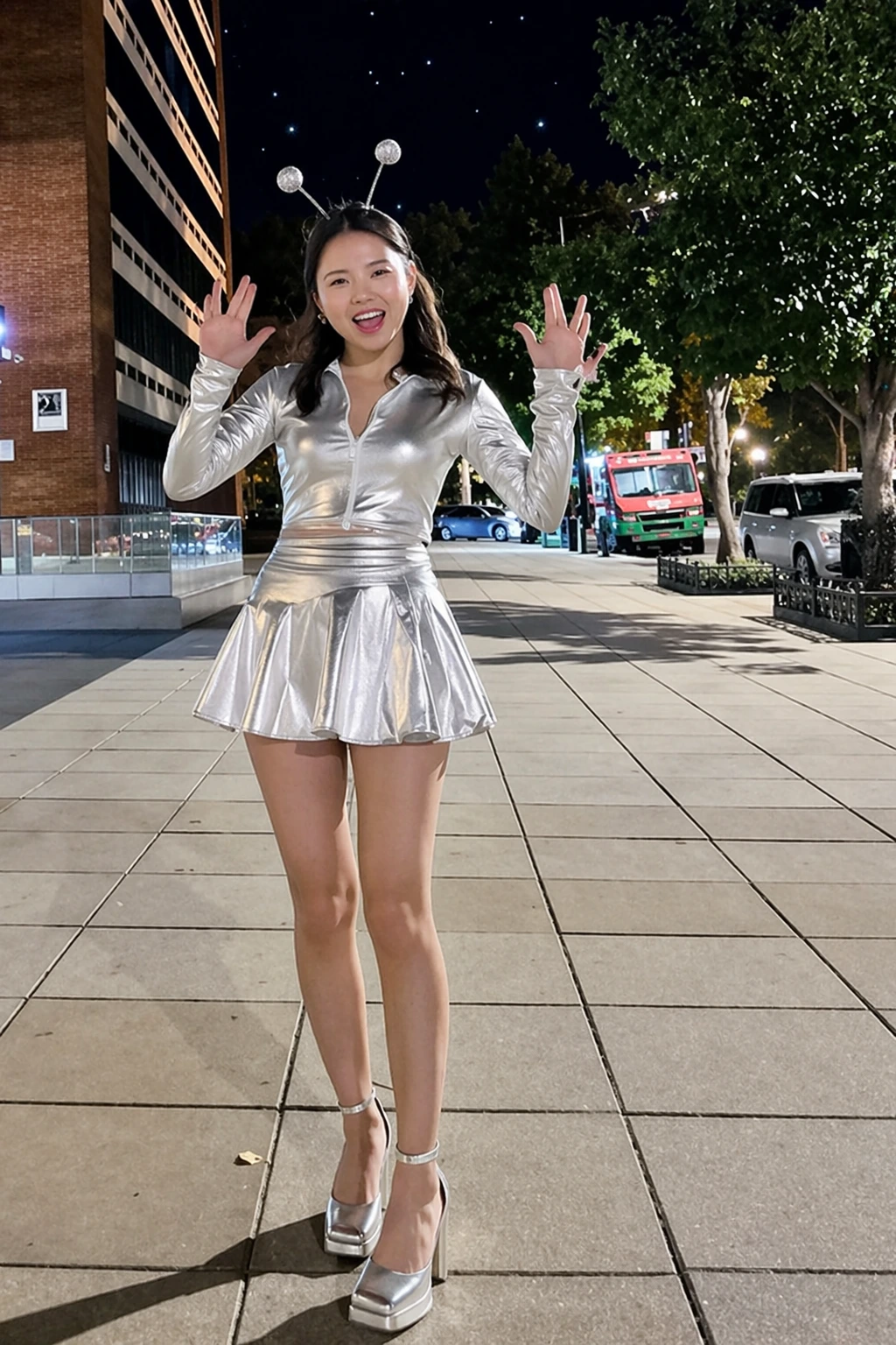 Woman in metallic silver alien costume with antenna headband, mini skirt, platform heels, and raised hands at night.