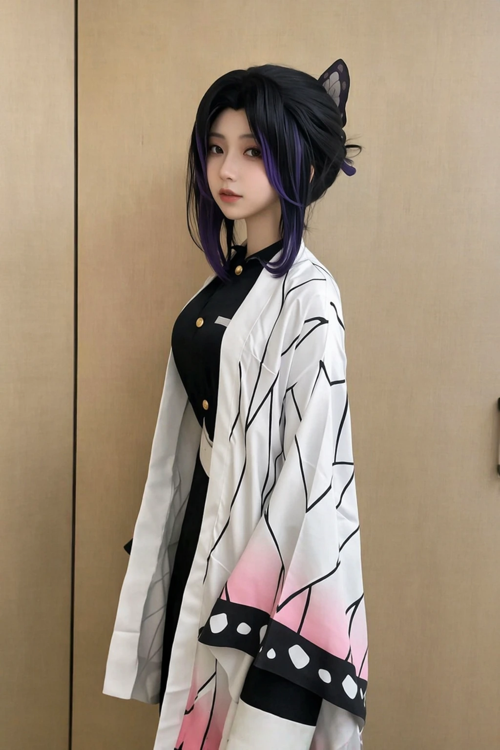 Young cosplayer wearing a white patterned haori over black uniform, dark purple hair, and butterfly hair accessory.