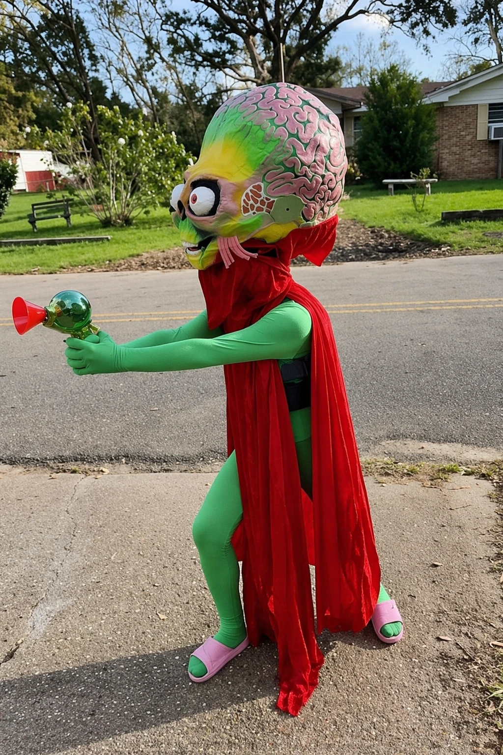 Child-sized alien costume with oversized green head, exposed pink brain detail, red cape, green bodysuit, and toy ray gun.