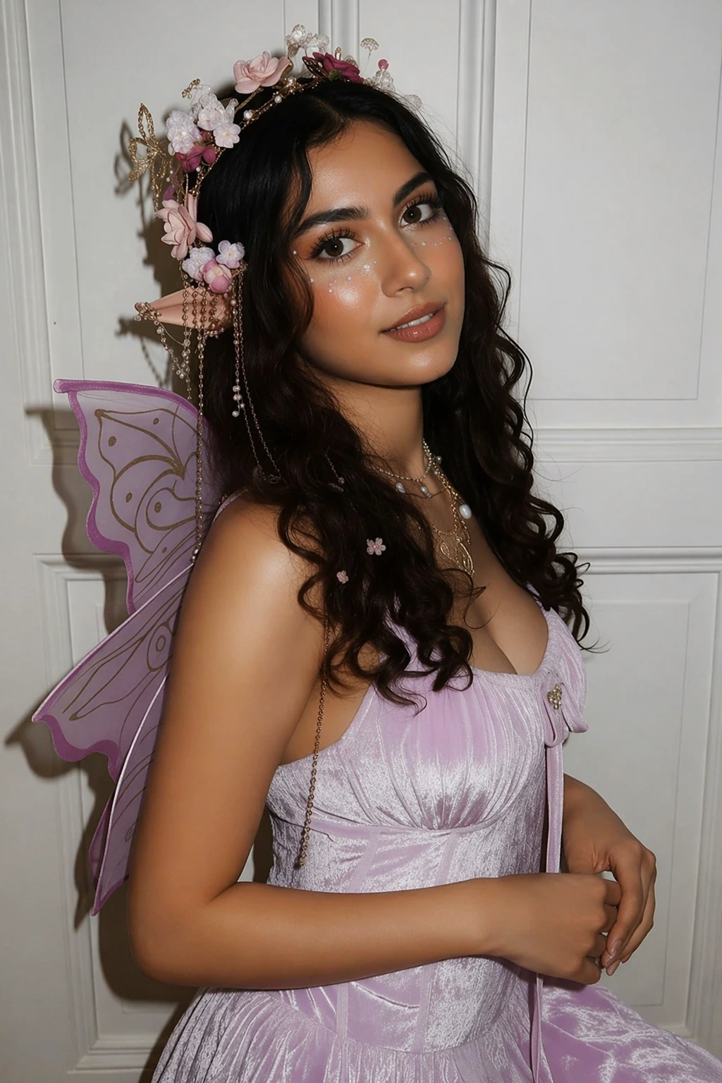 Young woman wearing lilac fairy dress, floral crown, glitter makeup, and pastel wings against paneled wall.