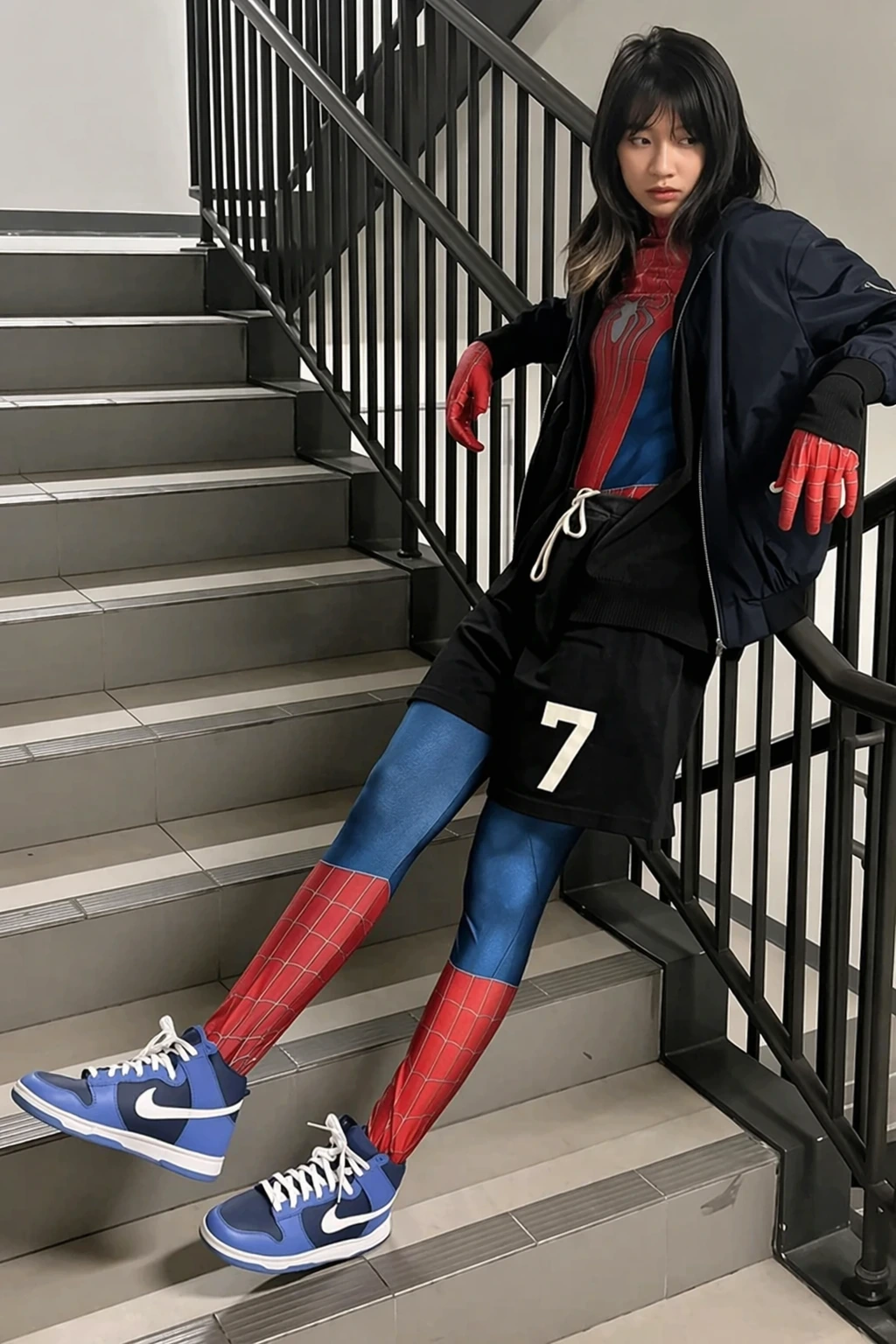 Young woman on stairs wearing Spider-Gwen-inspired red-blue web bodysuit, navy jacket, black shorts, and red gloves.