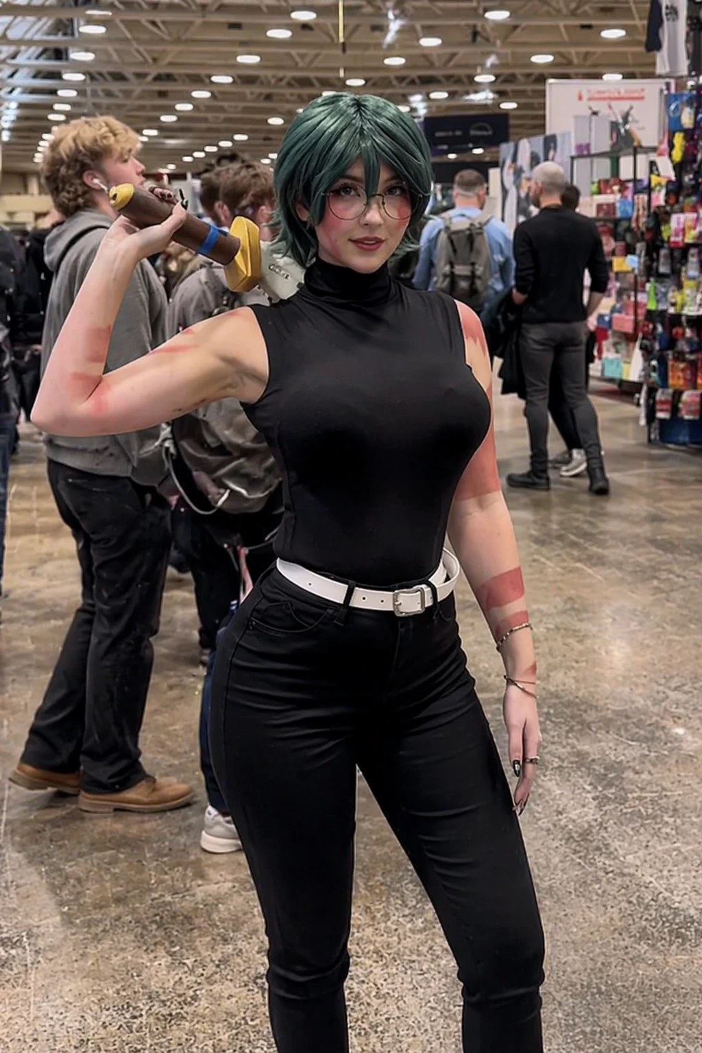 Teal-haired convention cosplayer in black sleeveless turtleneck, fitted pants, white belt, glasses, and sword prop.