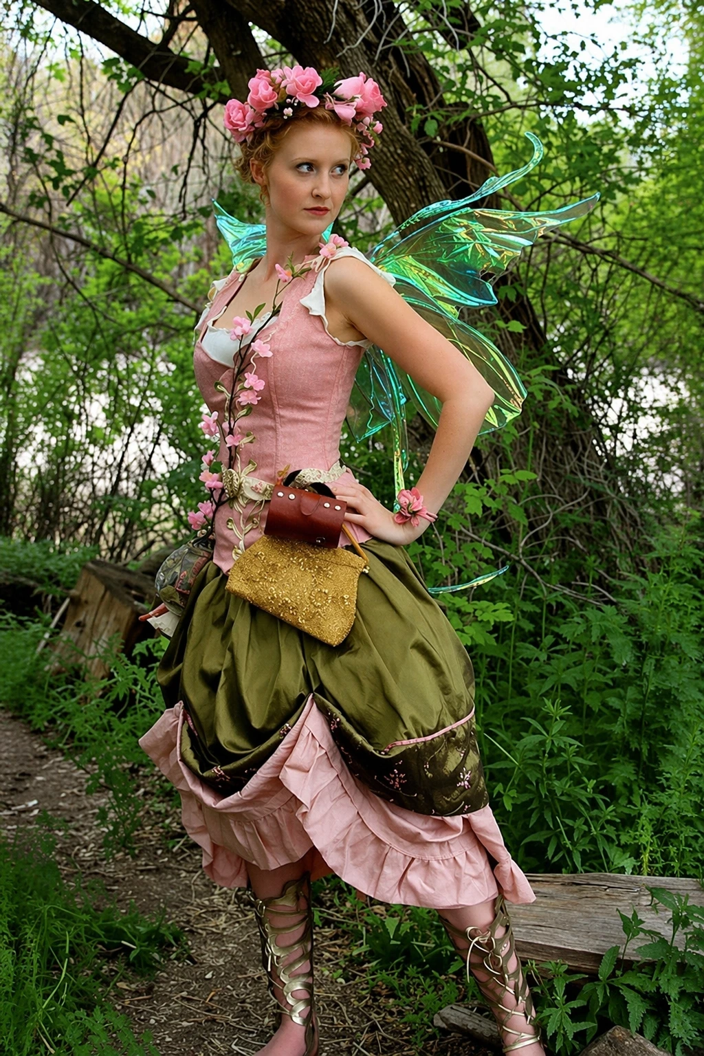 Red-haired woman in pink and olive fairy outfit, floral crown, green wings, outdoors among leafy trees.