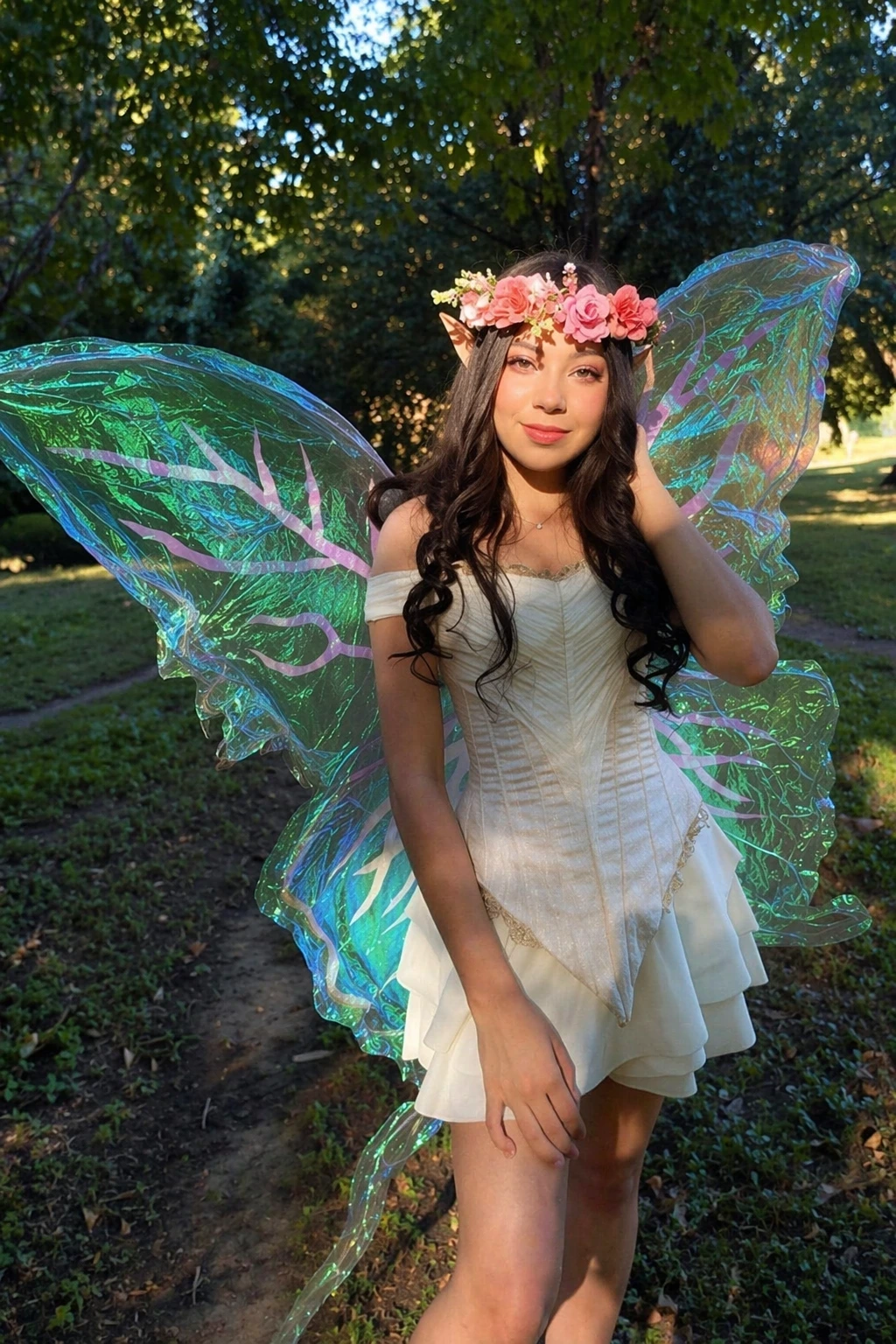 Woman posing in off-shoulder white fairy dress with iridescent wings, flower crown, and pointed ears on shaded path.