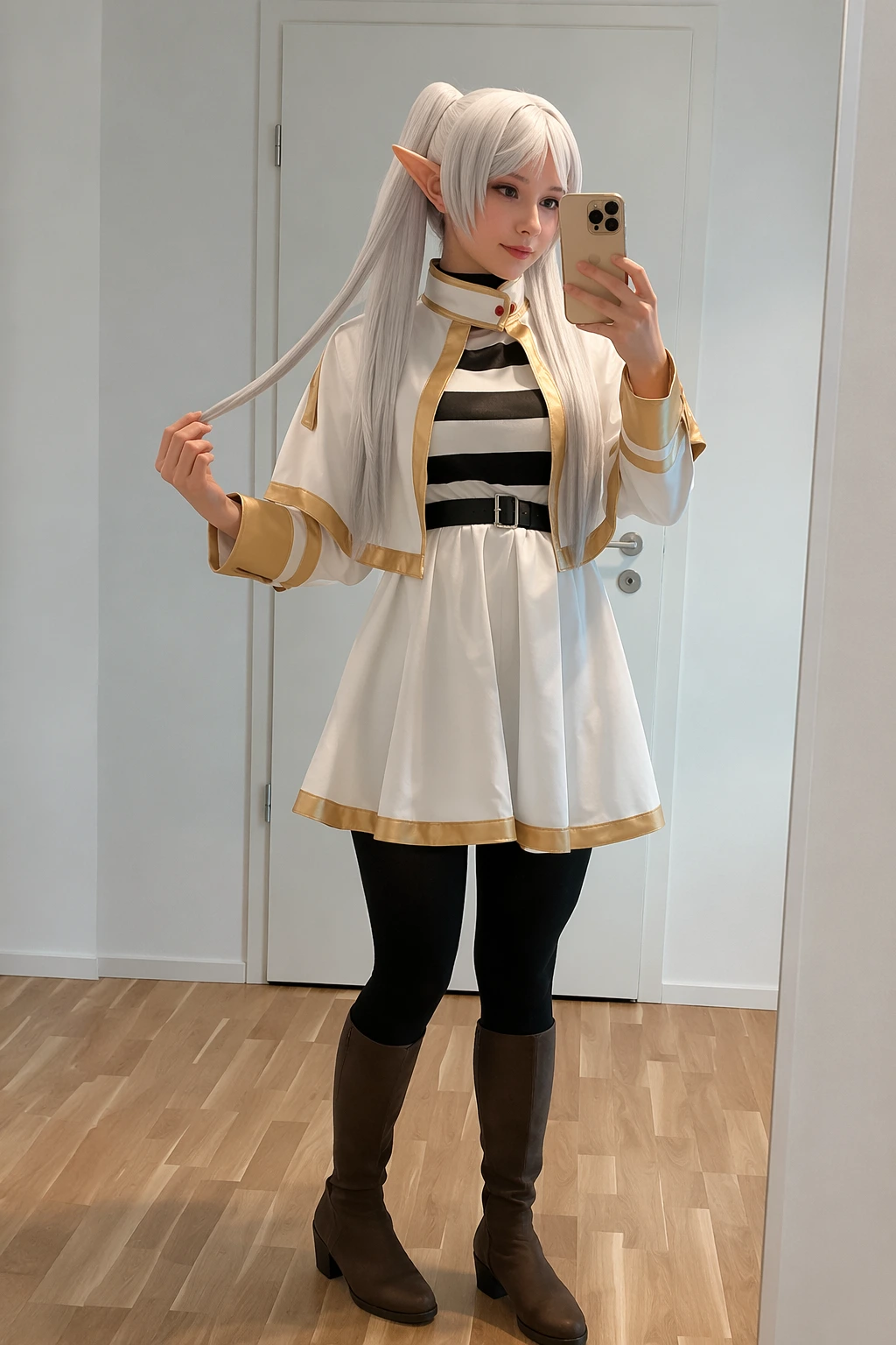 White-haired elf cosplayer wearing gold-trimmed coat, striped top, black leggings, brown boots, and pointed ears.