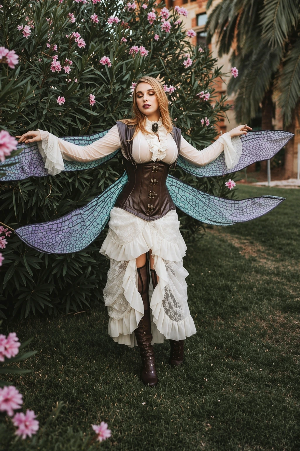Blonde woman wearing corseted cream dress, layered ruffles, iridescent wings, and tall brown boots in garden.