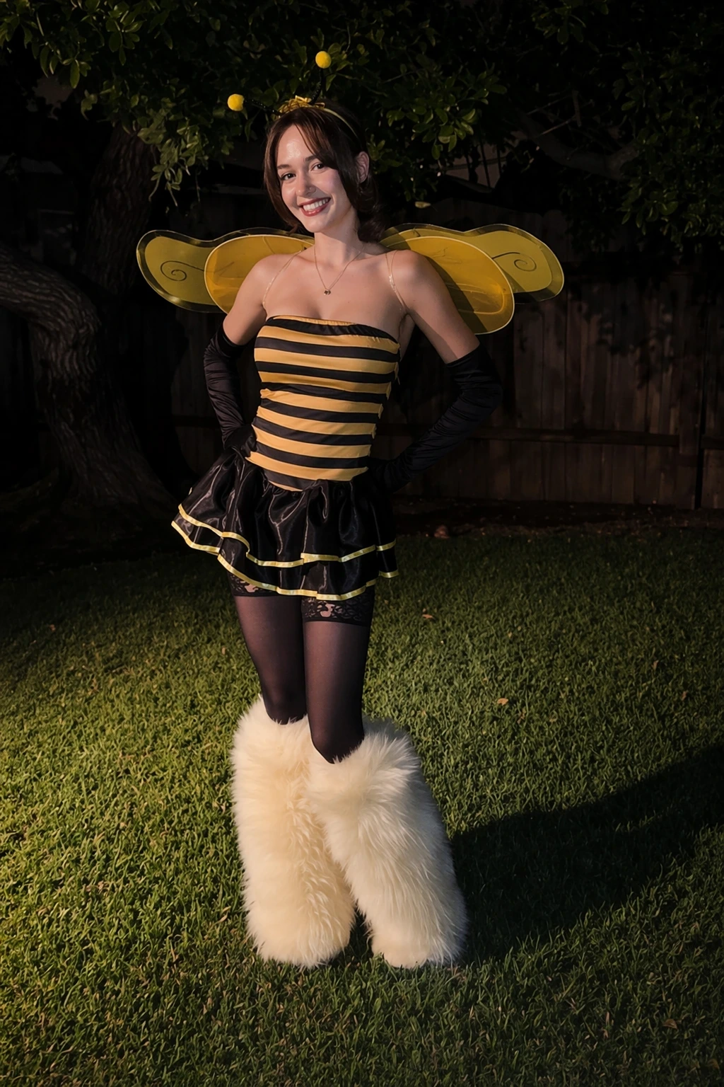Smiling woman in a striped bee costume with yellow wings, black gloves, and oversized cream furry leg warmers outdoors.