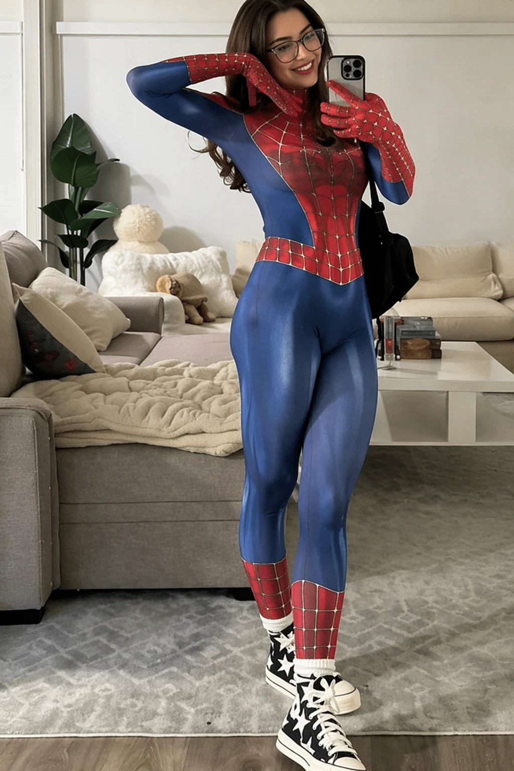 Woman wearing glossy blue-and-red Spider-Man bodysuit, glasses, and black high-top sneakers in a living room.