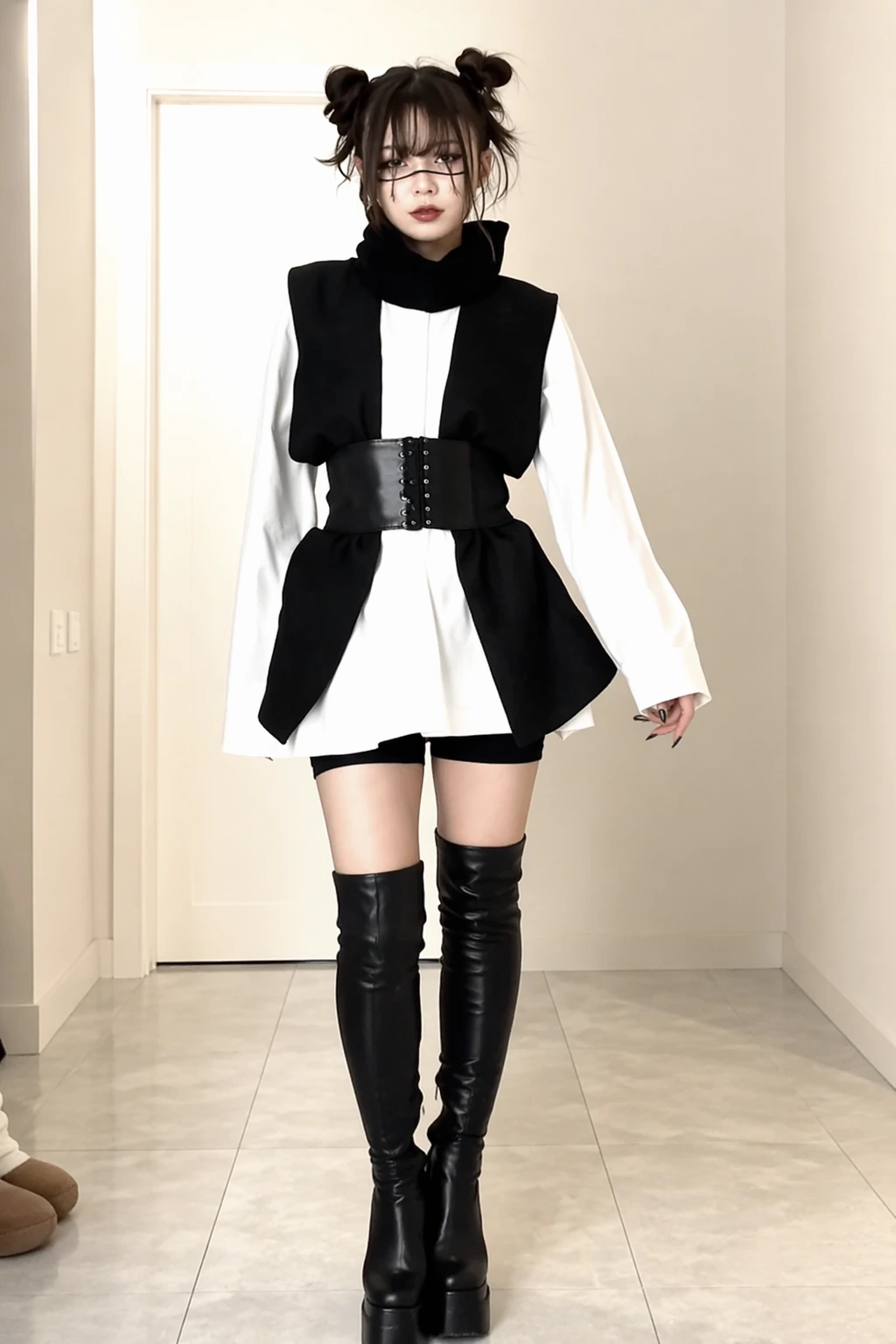 Black-and-white costume featuring a structured vest, cinched waist belt, thigh-high boots, and twin space buns.
