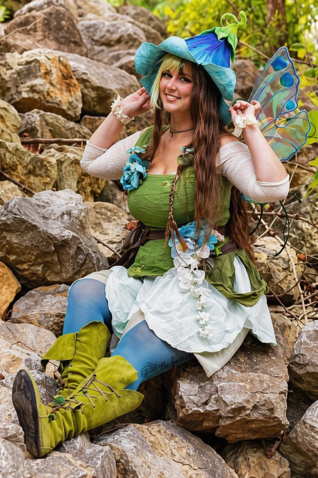 Smiling fairy in green-and-blue costume, floral accents, translucent wings, lime boots, seated on rugged outdoor rocks.