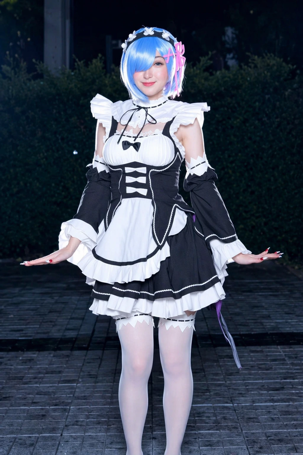 Short blue wig, black-and-white maid dress, puffed sleeves, thigh highs, and ribboned headband outdoors at night.