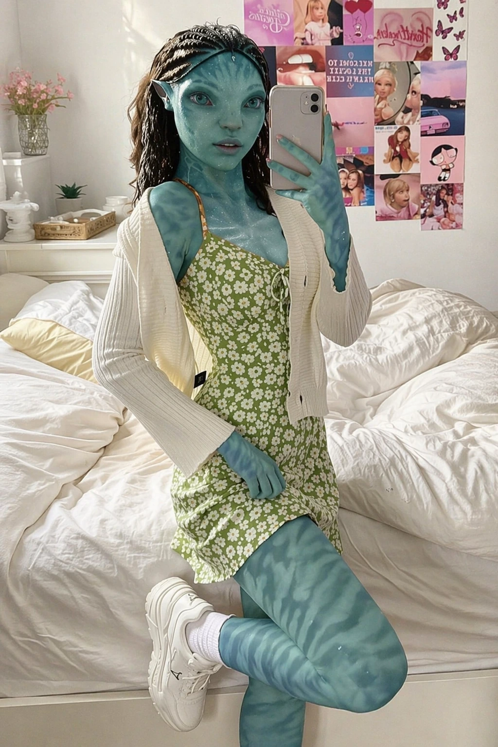 Blue-skinned avatar costume selfie in bedroom, wearing daisy-print dress, cream cardigan, white sneakers, and pointed ears.