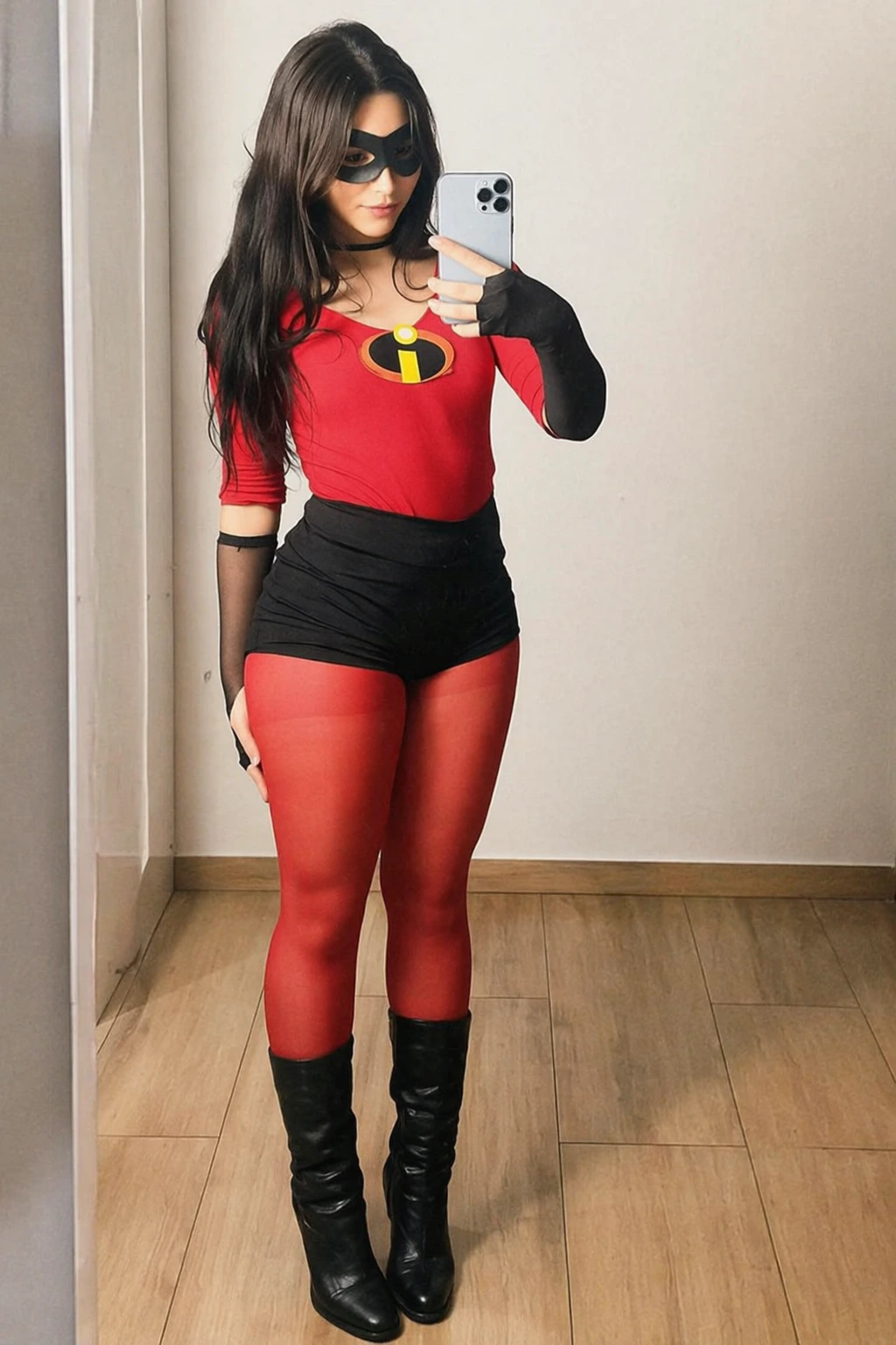 Woman in red superhero bodysuit with black gloves, mask, shorts, tights, and knee-high boots taking mirror selfie.