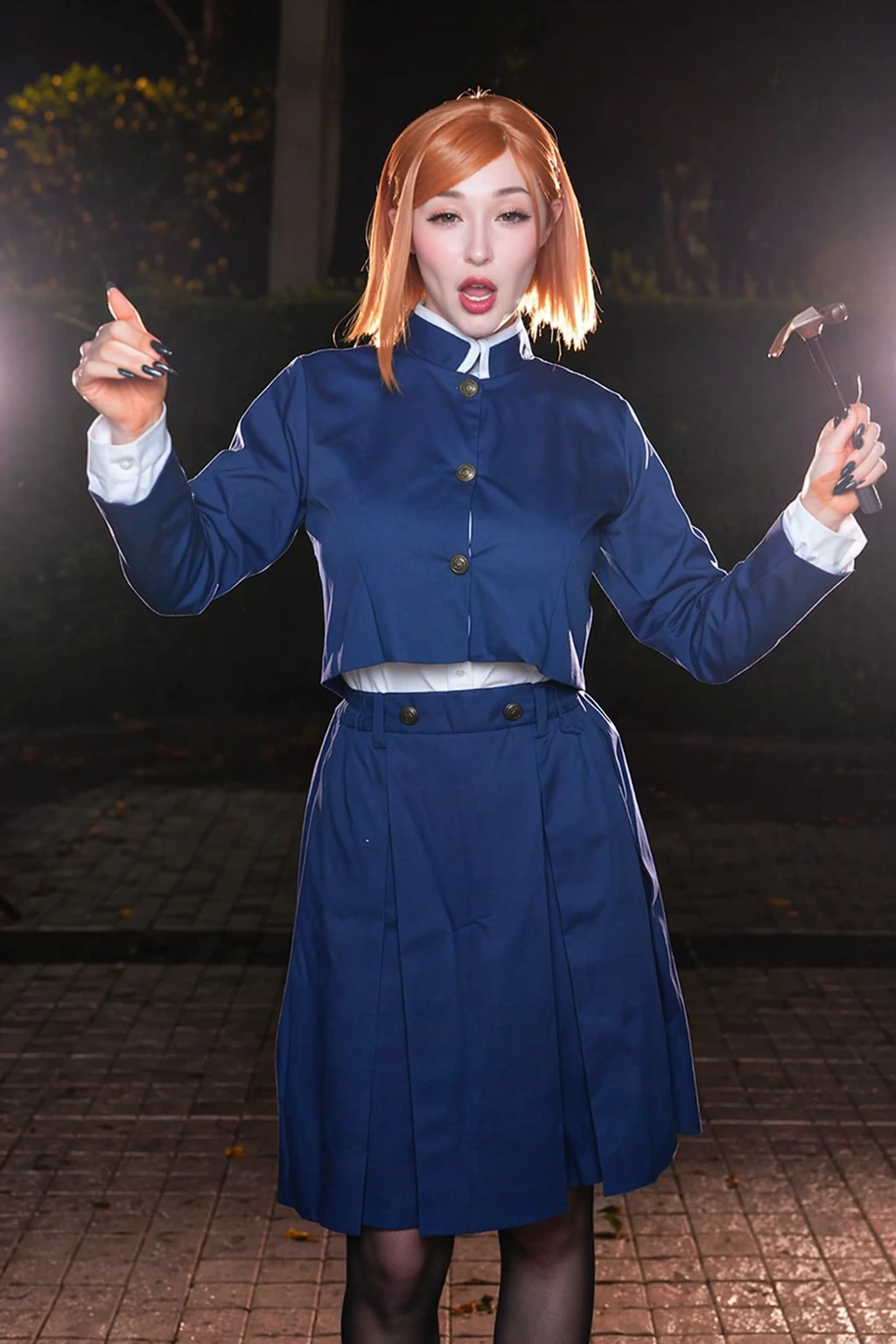 Orange bob wig, navy buttoned uniform, pleated skirt, black tights, and a hammer held up casually.