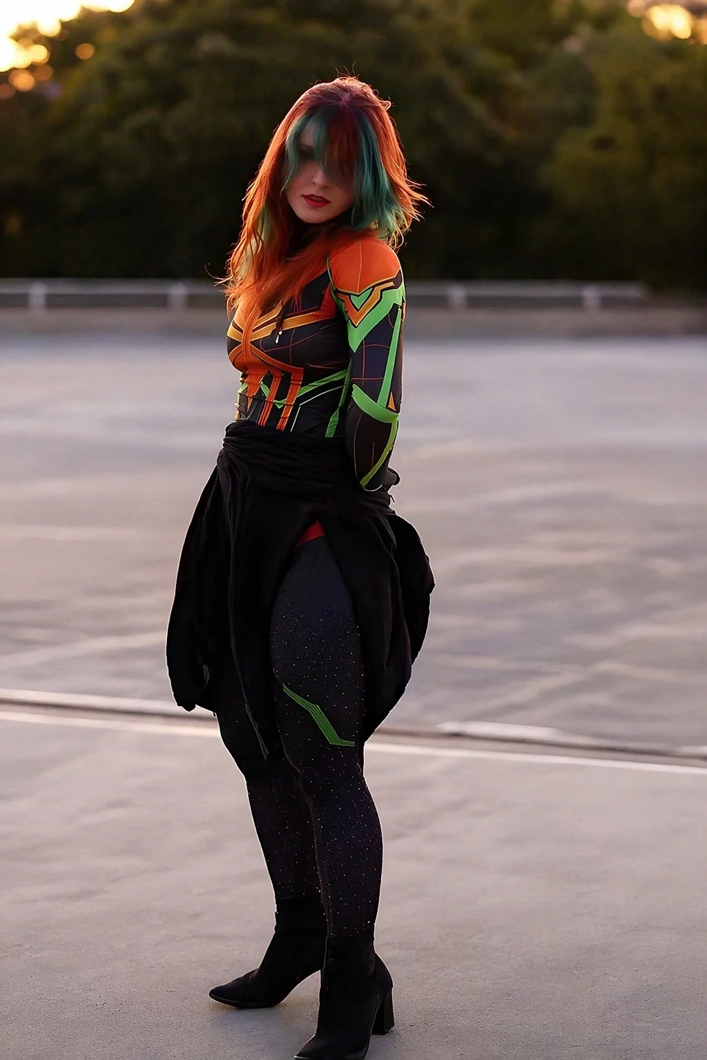 Woman wearing a colorful Spider-Man-inspired bodysuit with black leggings, boots, and a sweatshirt tied at the waist outdoors.