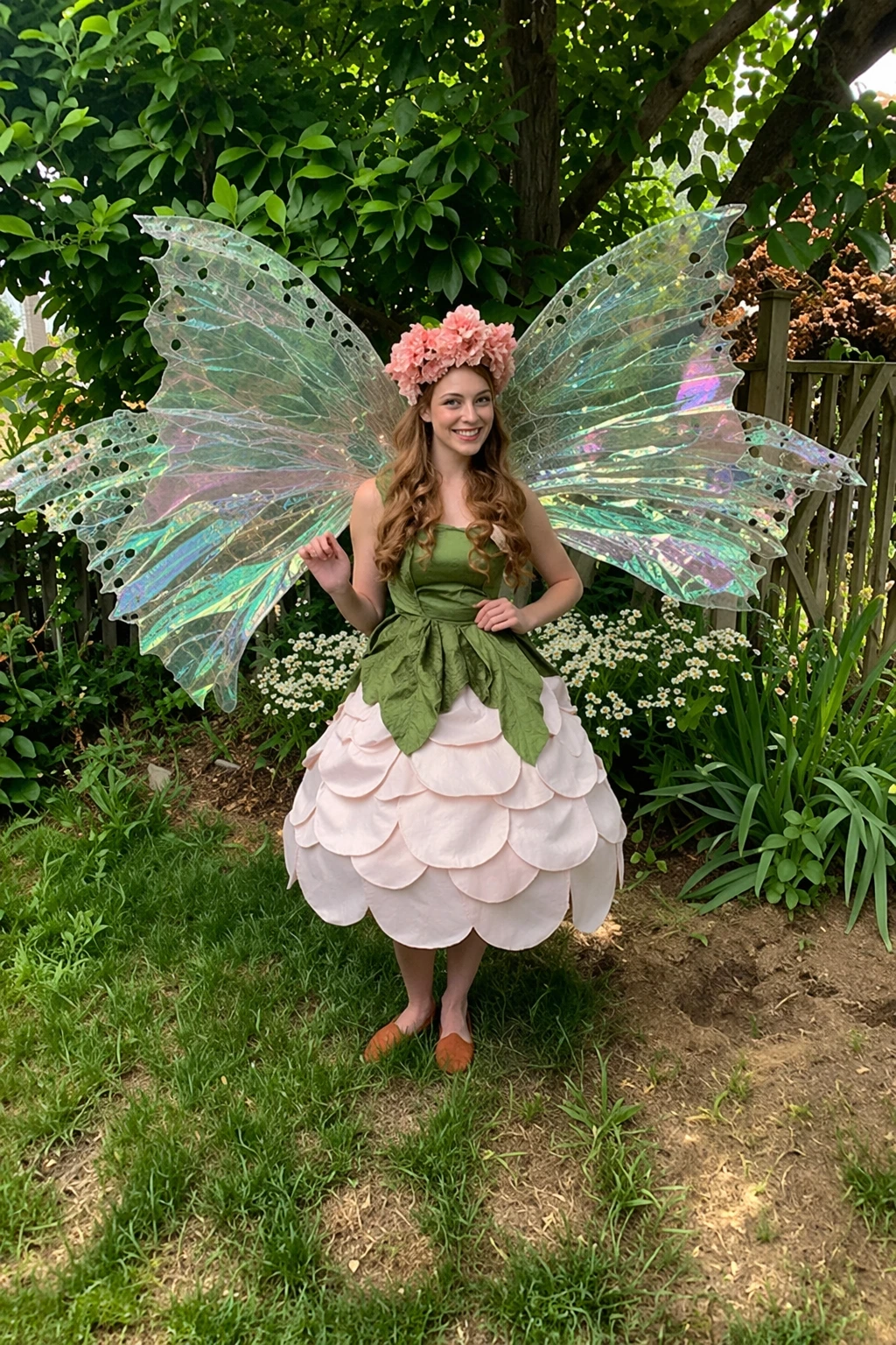 Woman in green and blush fairy costume with huge shimmering wings, flower crown, and layered petal skirt in garden.